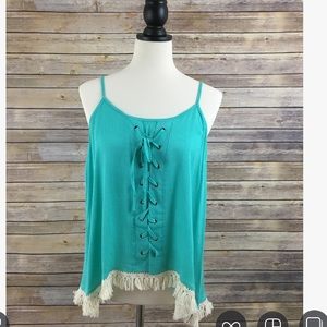 Teal Umgee tank top w/ fringe bottom